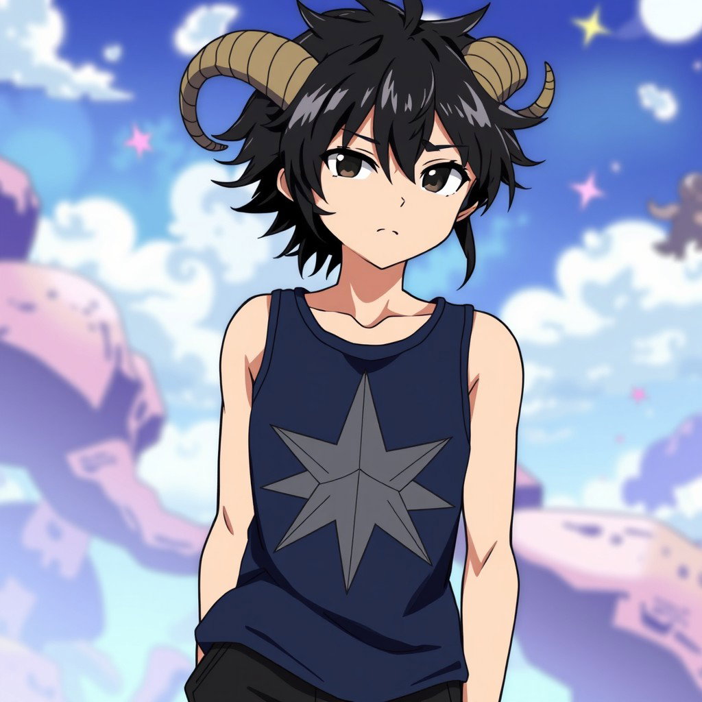 An anime boy with striking black messy hair styled with two small, messy braids that add a playful touch to his look