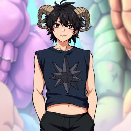 An anime boy with striking black messy hair styled with two small, messy braids that add a playful touch to his look