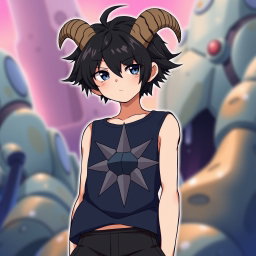 An anime boy with striking black messy hair styled with two small, messy braids that add a playful touch to his look