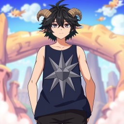 An anime boy with striking black messy hair styled with two small, messy braids that add a playful touch to his look