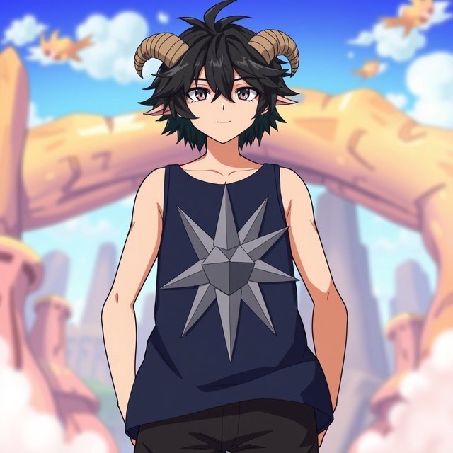 An anime boy with striking black messy hair styled with two small, messy braids that add a playful touch to his look