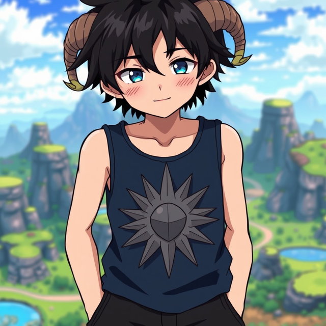 An anime boy with striking black messy hair featuring two tiny, small messy braids that give him a playful look