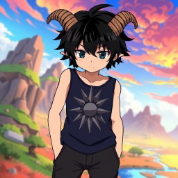 An anime boy with striking black messy hair featuring two tiny, small messy braids that give him a playful look