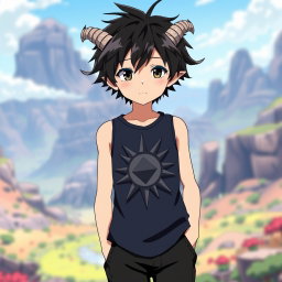 An anime boy with striking black messy hair featuring two tiny, small messy braids that give him a playful look