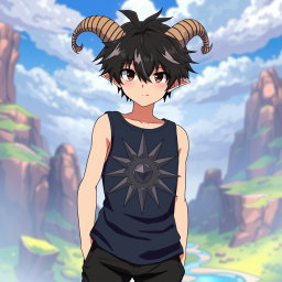 An anime boy with striking black messy hair featuring two tiny, small messy braids that give him a playful look