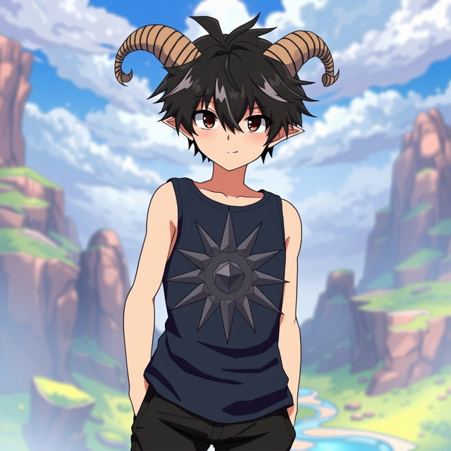 An anime boy with striking black messy hair featuring two tiny, small messy braids that give him a playful look