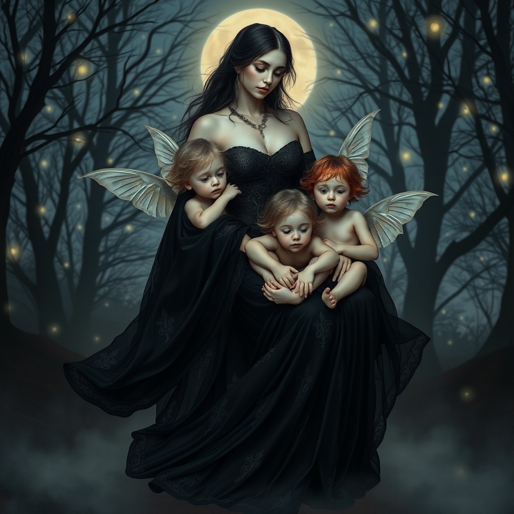 An evocative image of Lilith wearing a flowing black gown, cradling and embracing mystical children who possess enchanting features