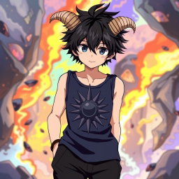 An anime teenage boy with striking black messy hair, highlighted by two tiny, small messy braids that add a playful flair