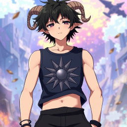 An anime teenage boy with striking black messy hair, highlighted by two tiny, small messy braids that add a playful flair