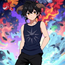 An anime teenage boy with striking black messy hair, highlighted by two tiny, small messy braids that add a playful flair
