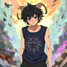 An anime teenage boy with striking black messy hair, highlighted by two tiny, small messy braids that add a playful flair