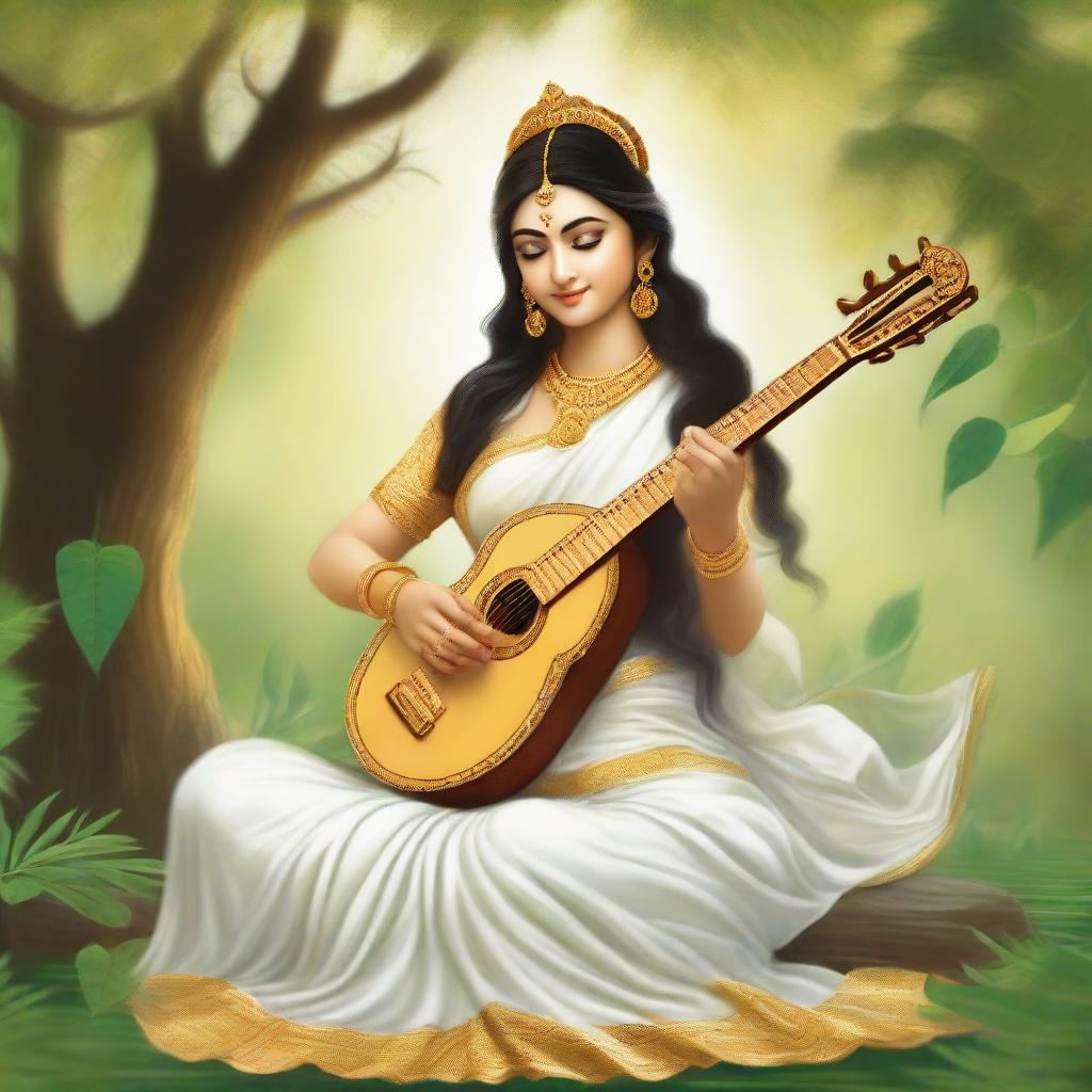 Goddess Saraswati, revered as the deity of knowledge and wisdom, seated tranquilly amidst a lush, serene forest, draped in a white sari with golden trim, holding a veena. She is bathed in soft diffused sunlight filtering through the dense tree canopy.