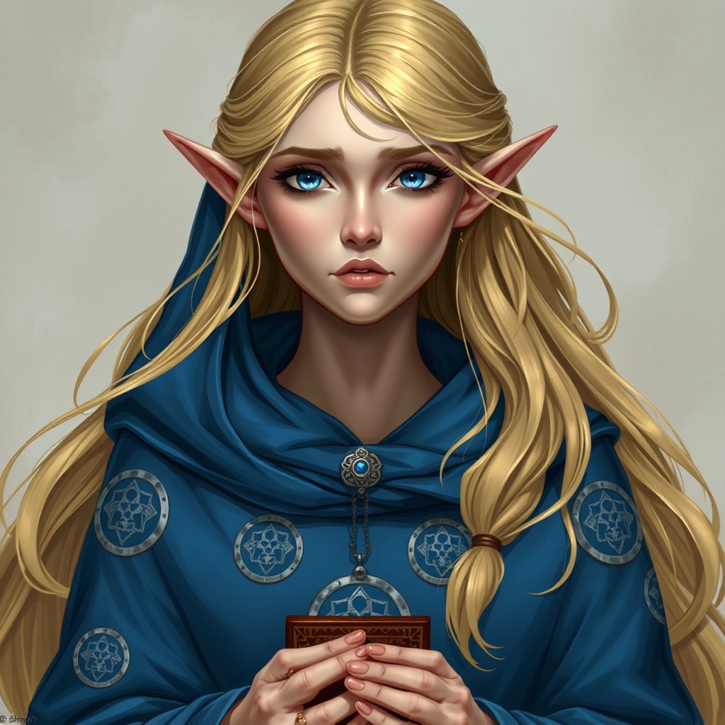 An elf sister named Garaele, featuring long, flowing golden hair and delicate facial features