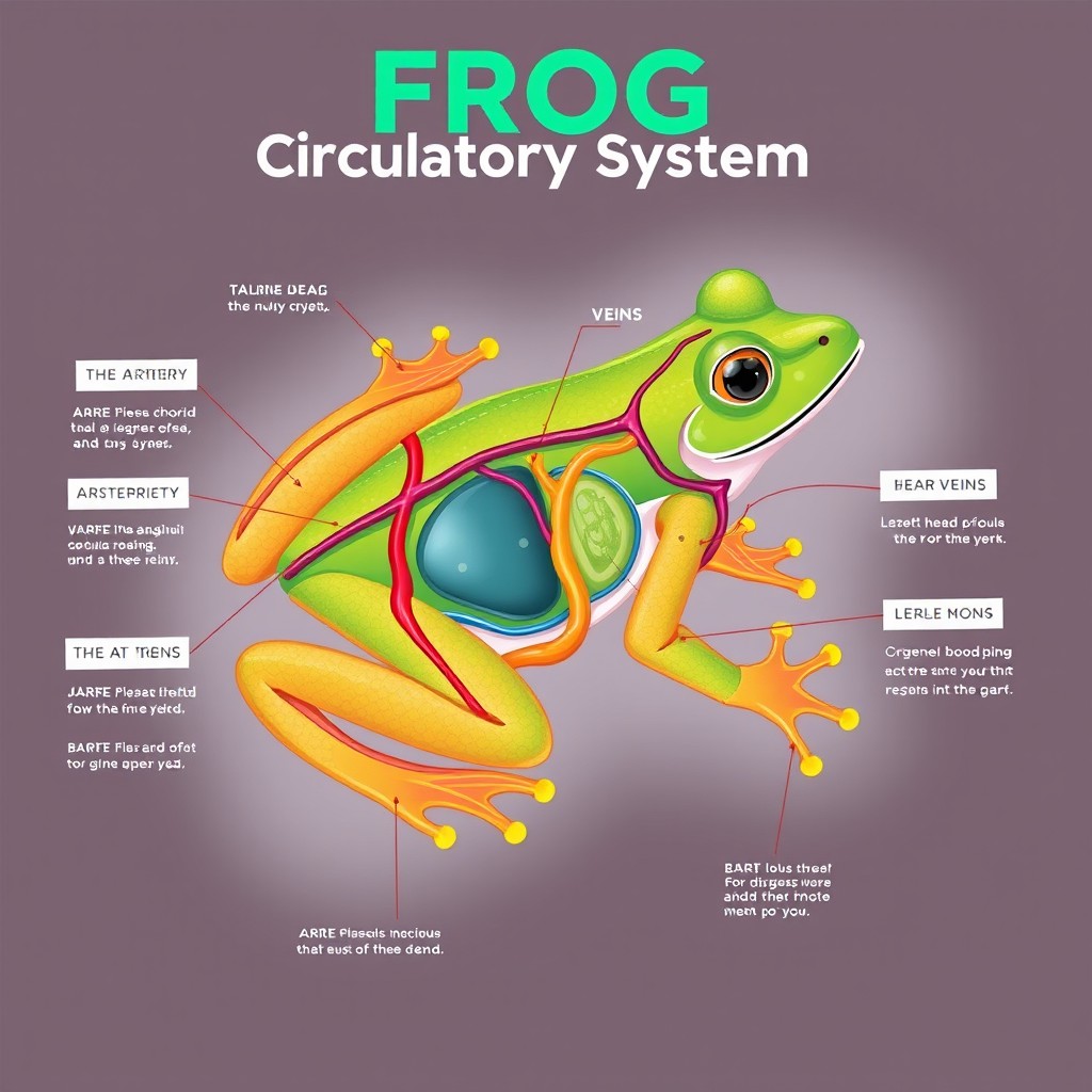 An educational illustration of the frog circulatory system, featuring labeled diagrams of the heart, arteries, veins, and organs involved in the circulatory process