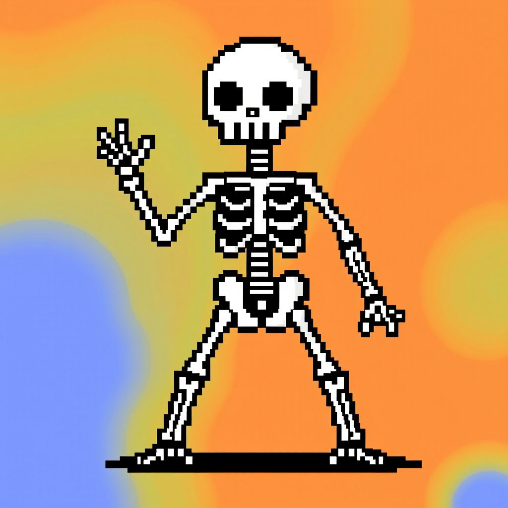 A simple pixel art depiction of a skeleton, featuring clearly defined limbs and skull in an 8-bit style