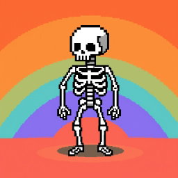 A simple pixel art depiction of a skeleton, featuring clearly defined limbs and skull in an 8-bit style