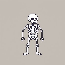 A simple pixel art depiction of a skeleton, featuring clearly defined limbs and skull in an 8-bit style
