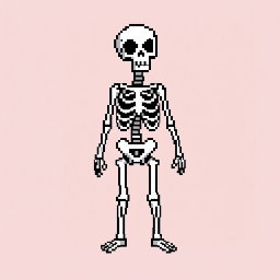 A simple pixel art depiction of a skeleton, featuring clearly defined limbs and skull in an 8-bit style