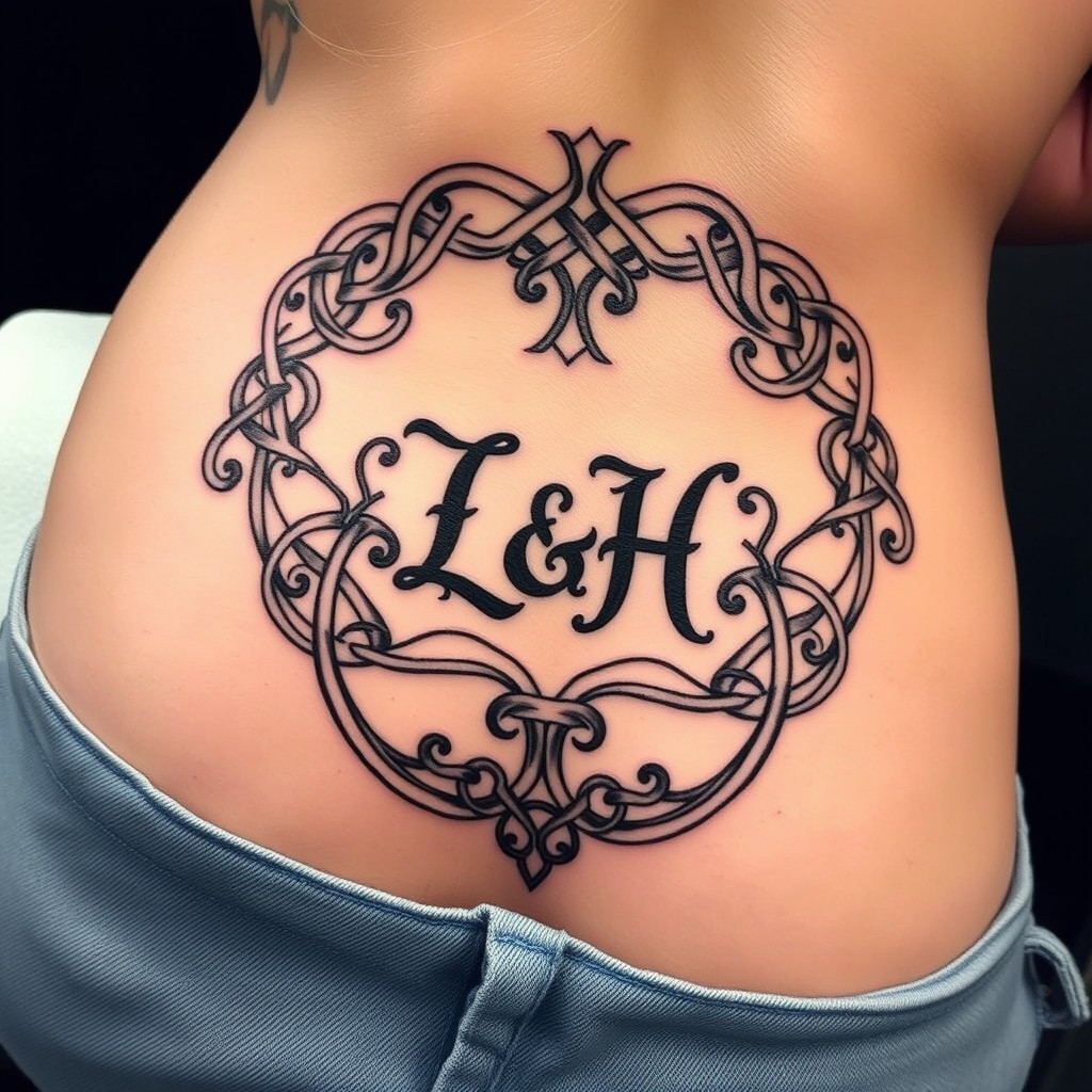 A beautifully detailed lower back tattoo featuring a complex Celtic pattern