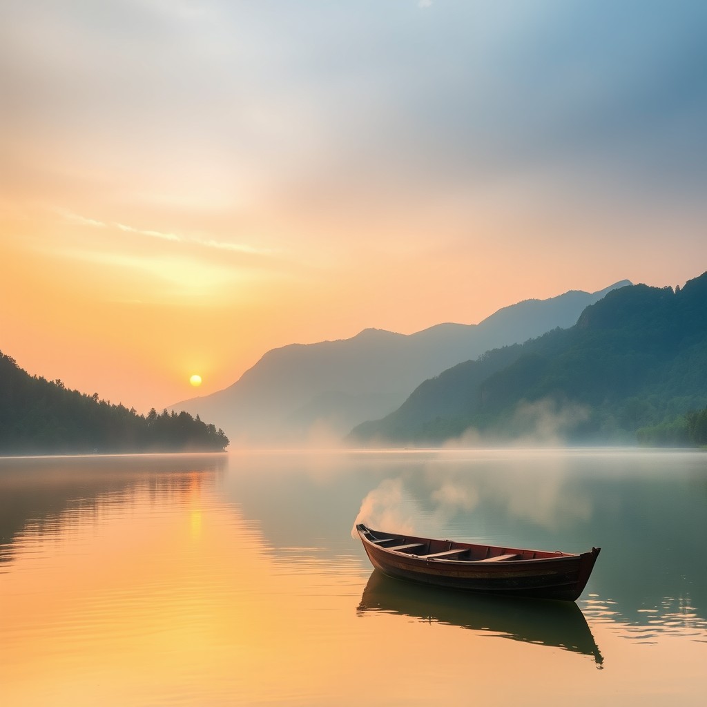 A serene landscape with a beautiful sunrise over a calm lake, surrounded by lush green mountains