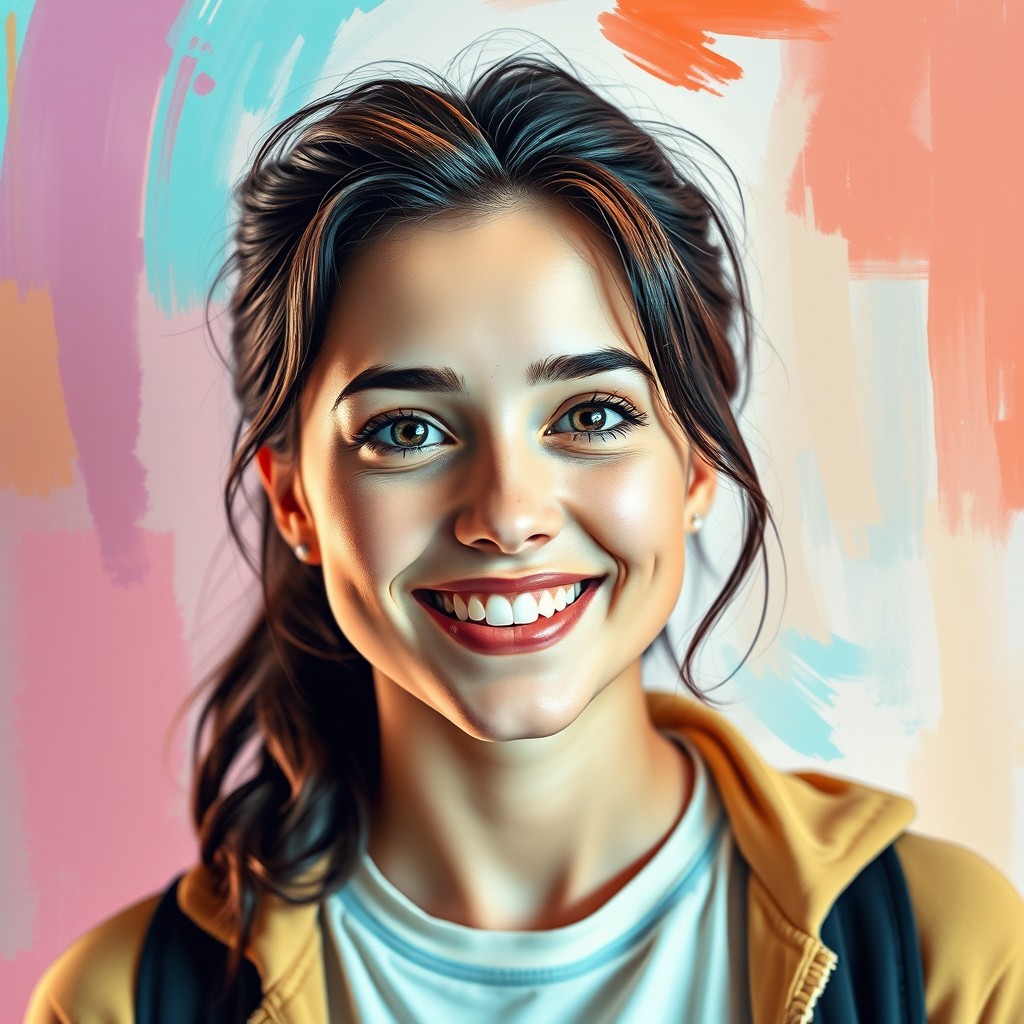A vibrant and artistic portrait in a whimsical style, featuring a person with a warm smile and bright eyes, set against a colorful abstract background