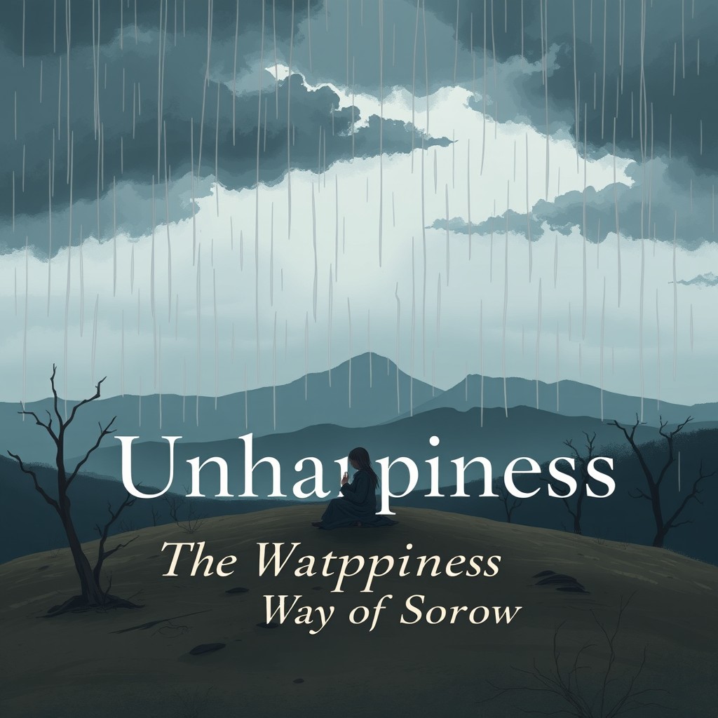 A deep and reflective illustration capturing the essence of unhappiness and sorrow, with the book title 'Unhappiness: The Way of Sorrow' elegantly overlaid at the front