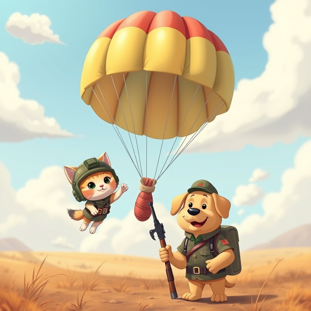 An animated picture of a cute anthropomorphic kitten paratrooper parachuting down with a colorful parachute, surrounded by fluffy clouds, as it descends behind enemy lines
