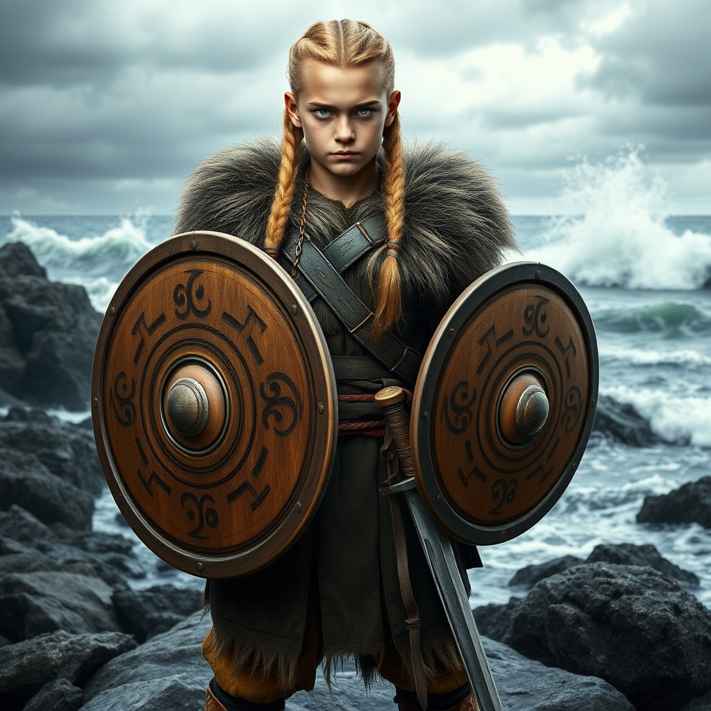 A fierce young Viking warrior with bright blue eyes and long braided blonde hair, wearing a traditional fur-lined tunic and a leather belt adorned with runic symbols