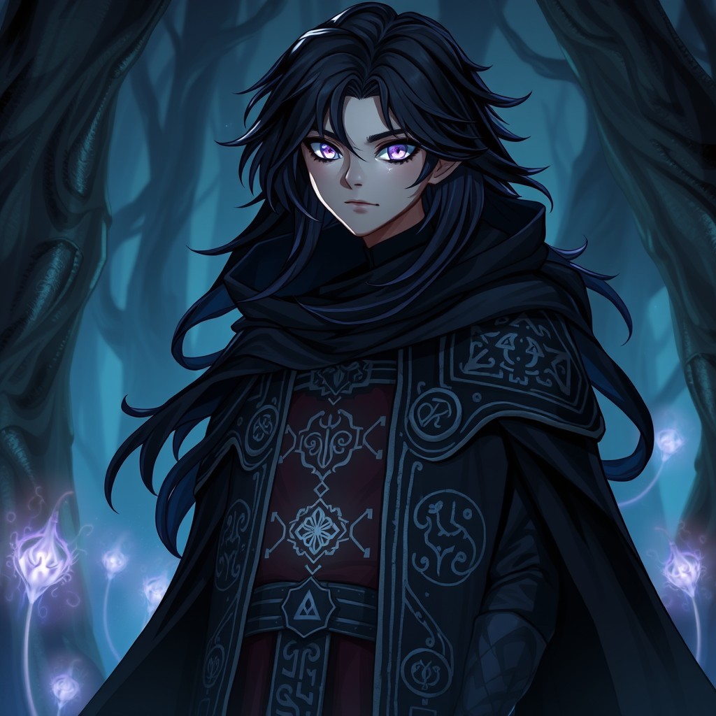 A mystical and enigmatic supernatural boy character named Corvin, depicted as a tall and imposing figure with dark, flowing hair that cascades around his shoulders, and piercing violet eyes that shimmer with arcane knowledge