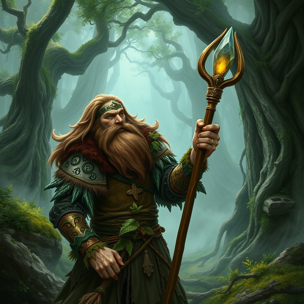 A firbolg druid in a Viking style, holding a staff in his hand