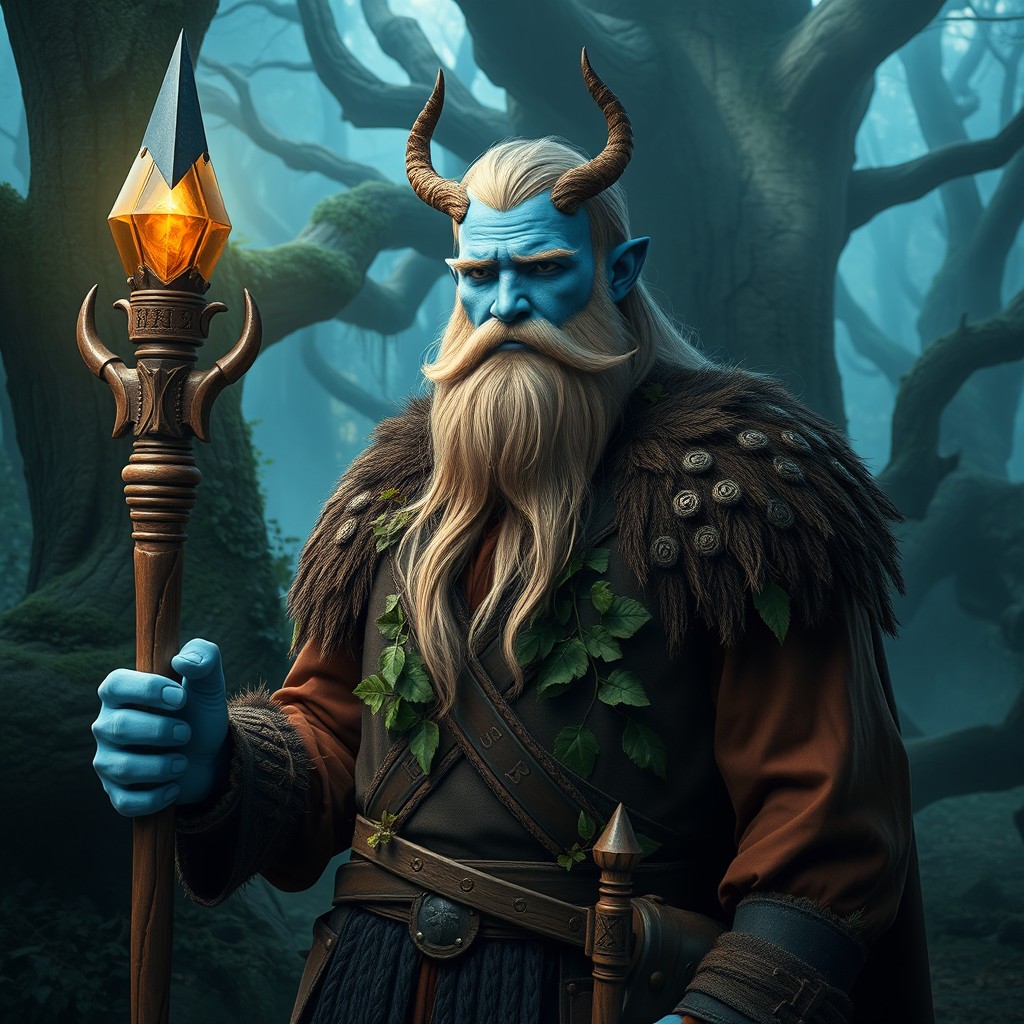 A younger firbolg druid in a Viking style, inspired by Bjorn Ragnarson from the Vikings series, holding a staff in his hand