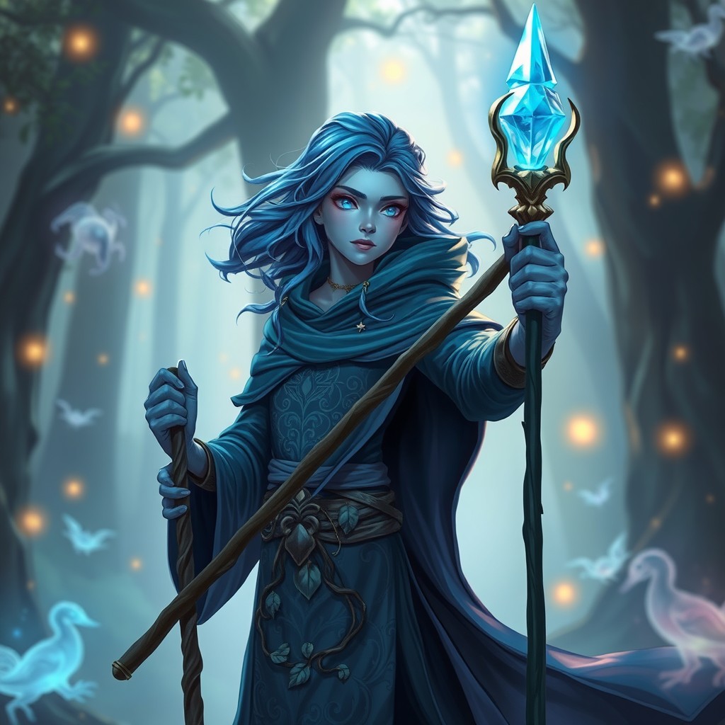 A cobalt blue druid character wielding a staff, wearing a flowing cloak