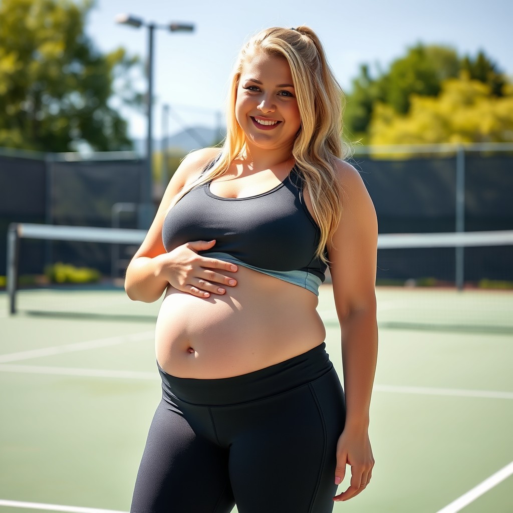 A confident 19-year-old blonde woman standing on a sunlit tennis court, wearing a snug and stylish athletic outfit that accentuates her voluptuous body, including her indulgent belly