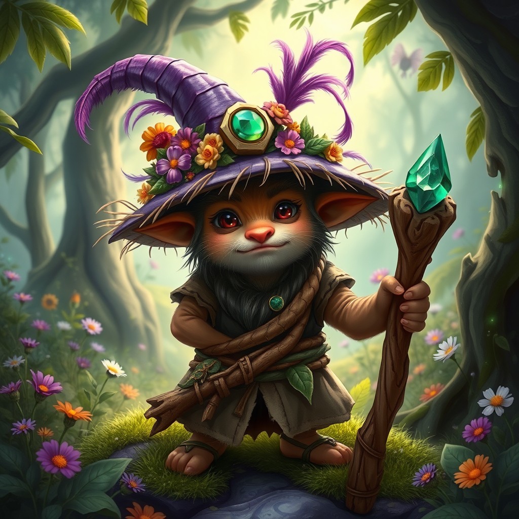 A kobold druid character wearing a whimsical purple straw hat adorned with flowers and feathers