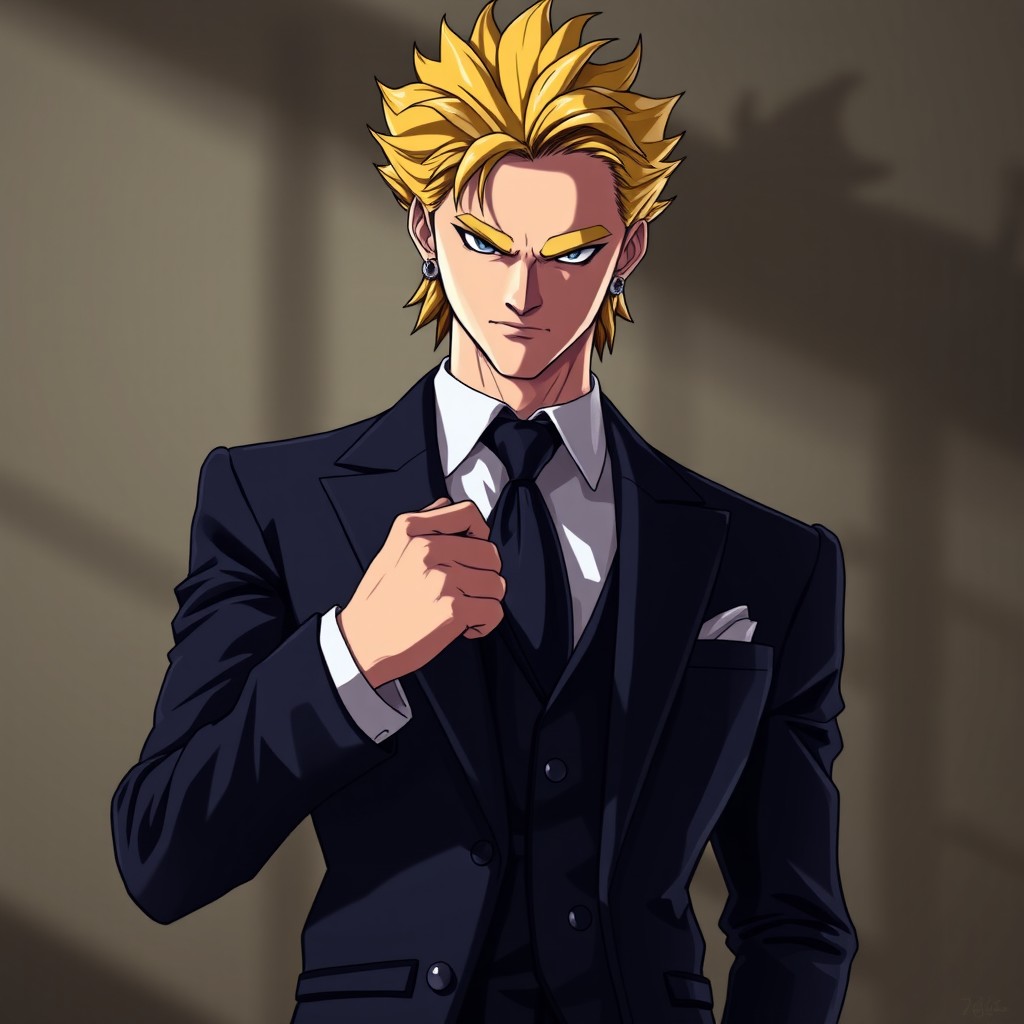 A striking portrait of Dio Brando, a character from JoJo's Bizarre Adventure, confidently wearing a stylish, tailored suit