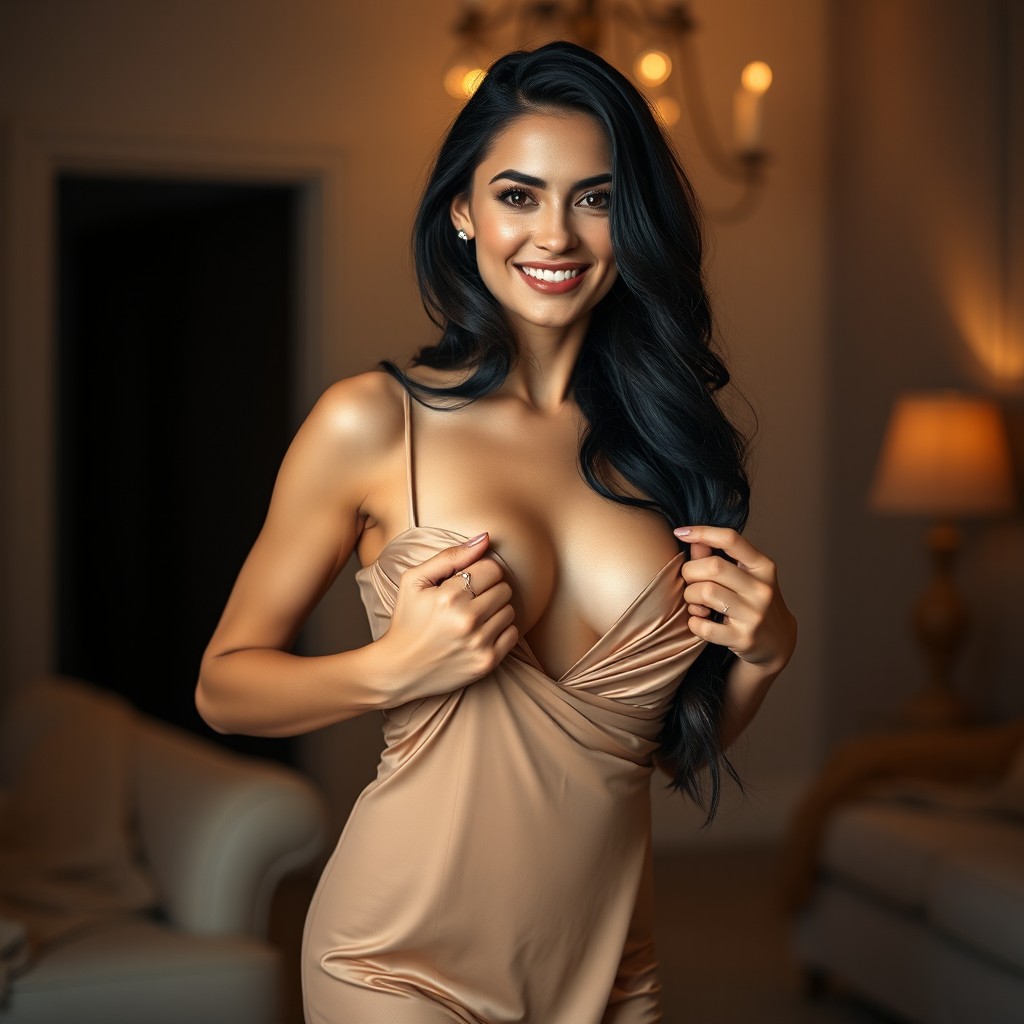 A beautiful, attractive woman with long dark hair, standing in a soft lit room, playfully removing her elegant dress, exuding confidence and allure