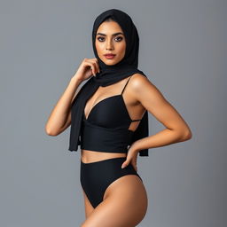 A stunning full-body portrait of a Persian woman wearing a sleek black bikini and a stylish hijab, set against a smooth grey background