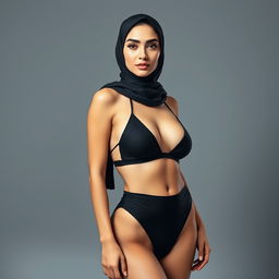 A stunning full-body portrait of a Persian woman wearing a sleek black bikini and a stylish hijab, set against a smooth grey background
