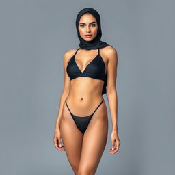 A stunning full-body portrait of a Persian woman wearing a sleek black bikini and a stylish hijab, set against a smooth grey background