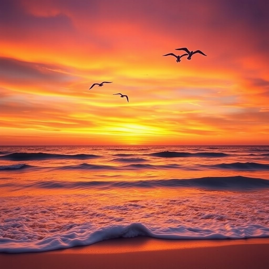 A tranquil seascape at sunset, where the sky is painted in warm shades of orange, pink, and purple, reflecting on the calm ocean waves