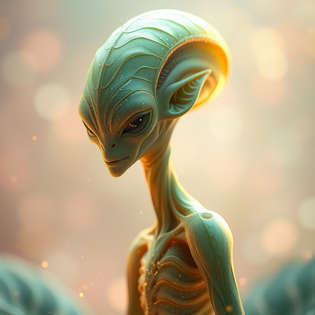 A hyper-realistic cinematic biopunk portrait of an alien inspired by the caladium plant, featuring an elongated body and subtly humanoid face