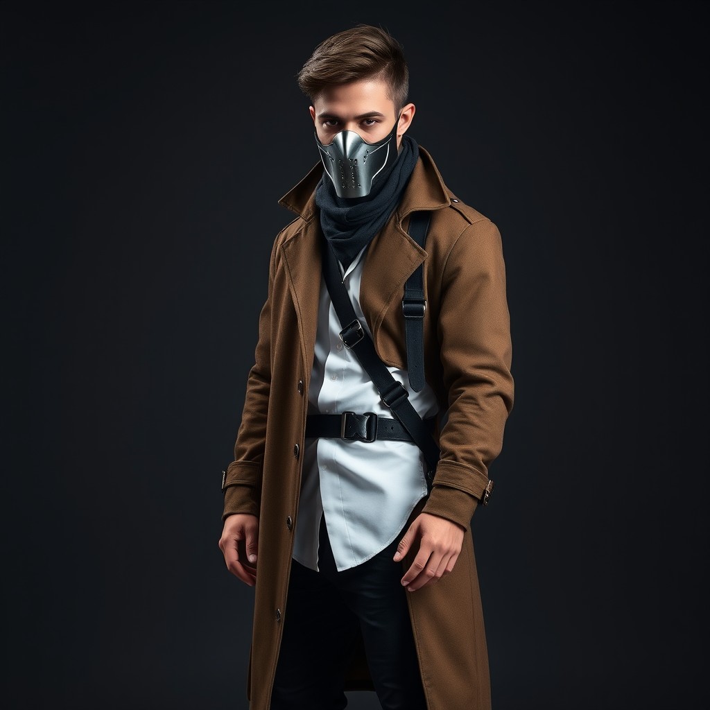 A young tall man with a full-face metal mask that obscures his entire face, wearing a long, stylish combat coat
