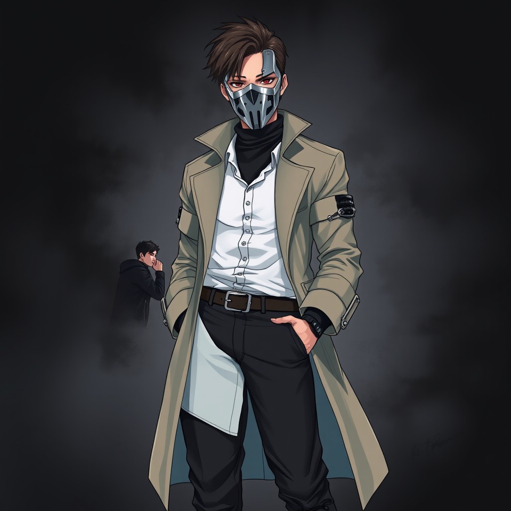 An anime-style illustration featuring a young tall man with a full-face metal mask that completely conceals his eyes, nose, chin, cheeks, and forehead