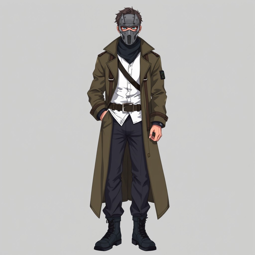 An anime-style illustration of a young tall man with a full-face metal mask that completely conceals his face