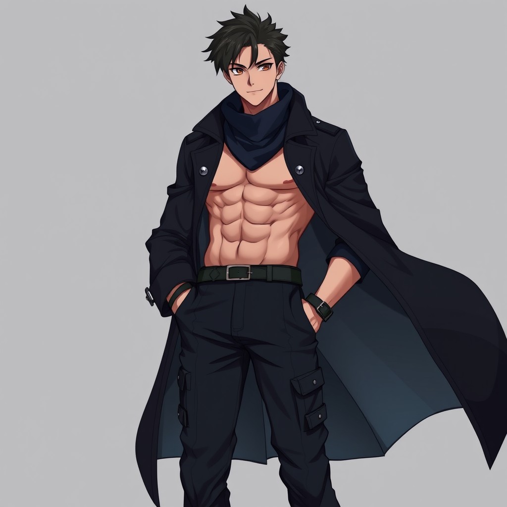 An anime male original character (OC) featuring a tall, muscular physique with a well-defined eight-pack, exuding an athletic vibe