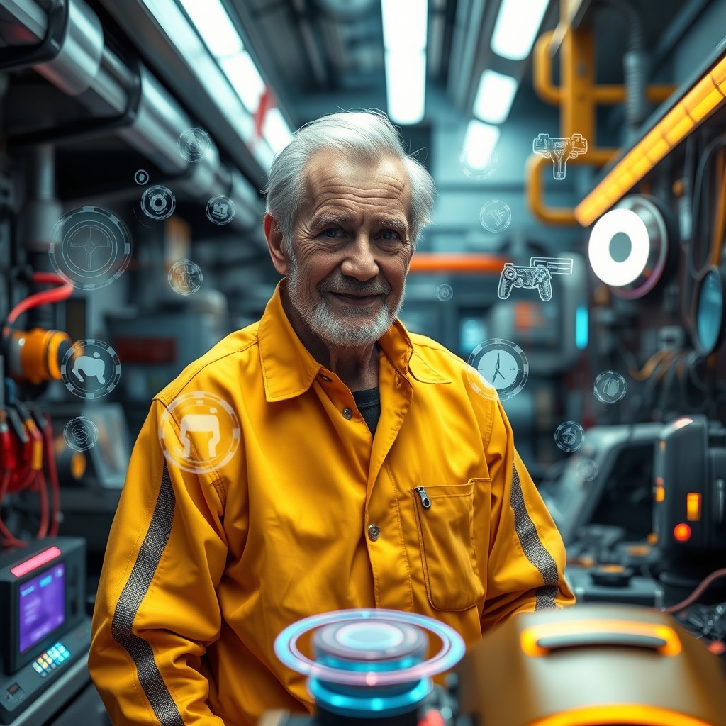 An elderly male mechanic in a vibrant yellow tunic, set in a futuristic sci-fi workshop