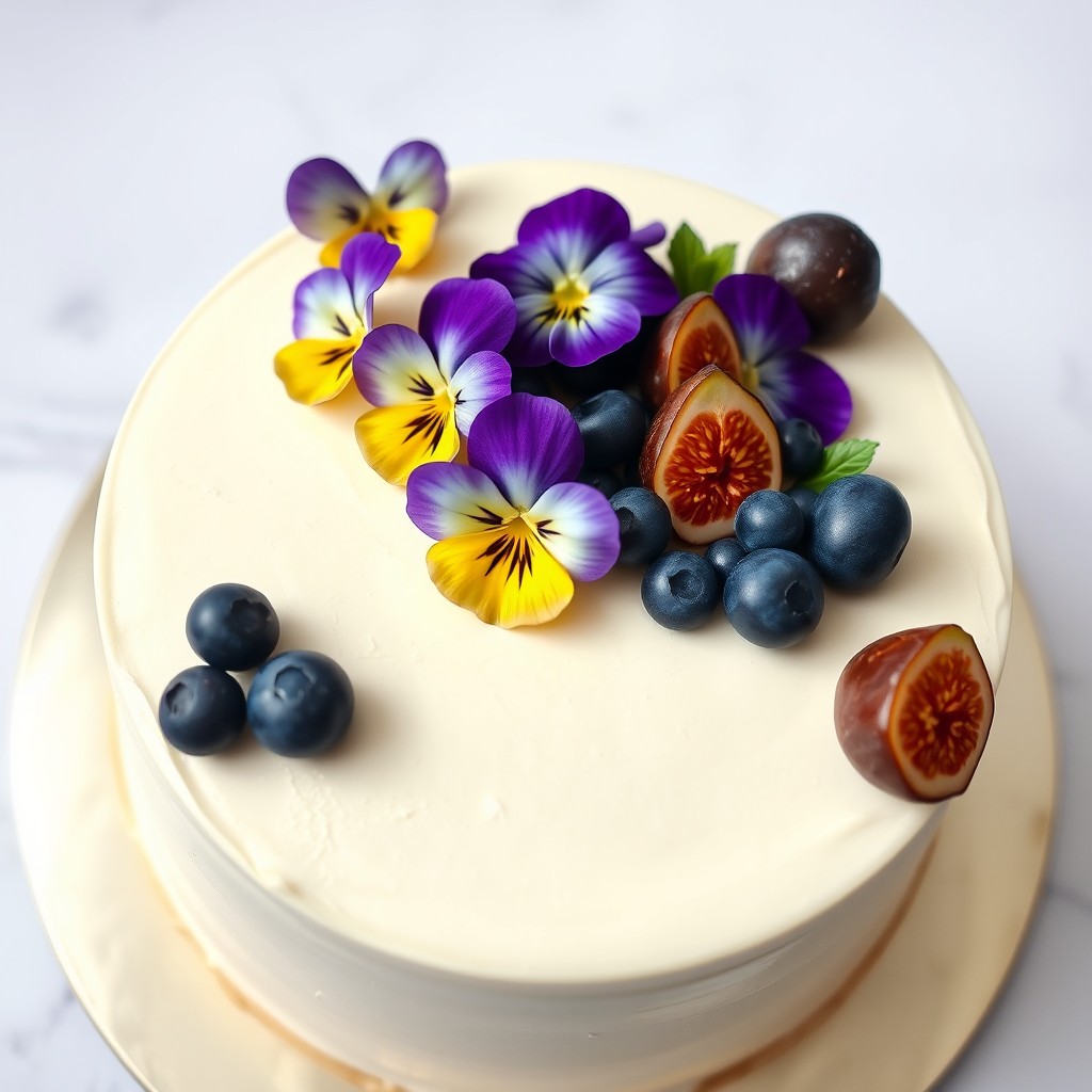 A beautifully crafted cake featuring minimal decorations with delicate pansies, fresh blueberries, and ripe figs artistically arranged on top