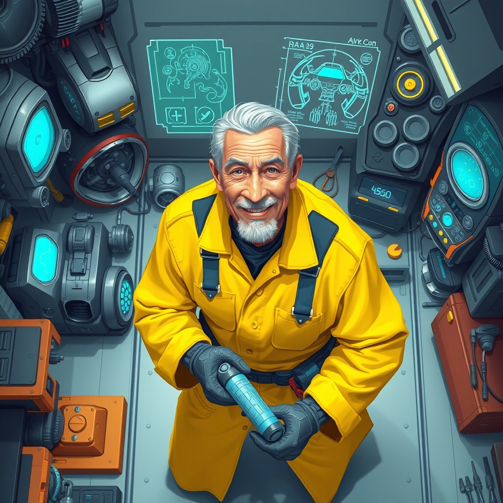 A top-down 2D illustration of an elderly male mechanic wearing a bright yellow tunic, working in a futuristic sci-fi garage