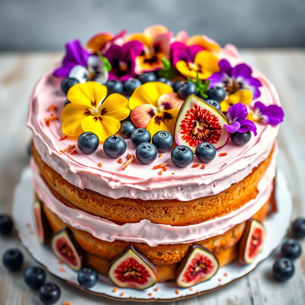 An exquisite birthday cake adorned with vibrant decorations of colorful pansies, juicy blueberries, and sweet figs