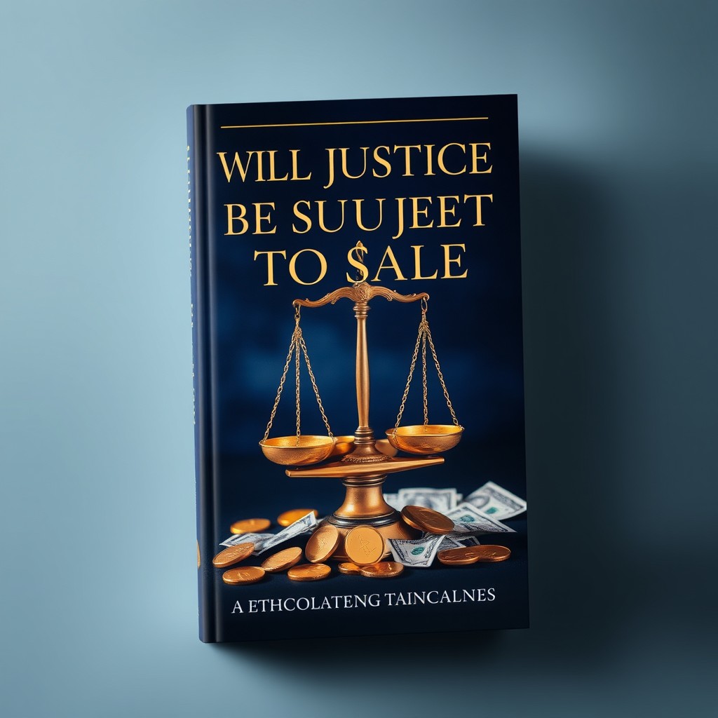 Will Justice Be Subject to Sale, an intriguing book cover design that encapsulates the themes of morality and legality in a visually striking manner